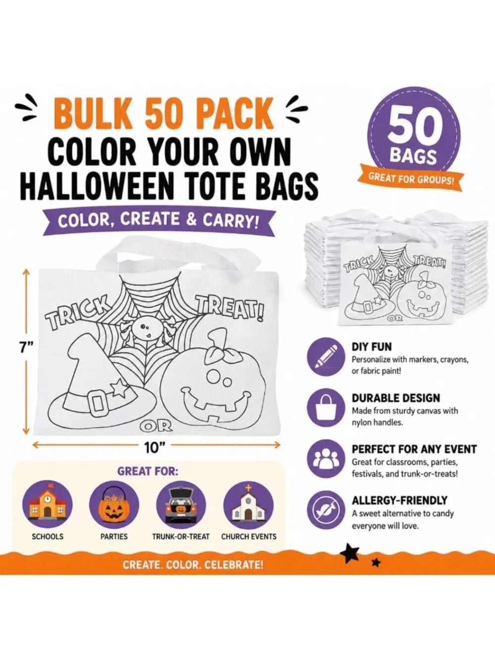 DIY Halloween Tote Bags - 50pc Color Your Own Canvas Craft Kits for Kids